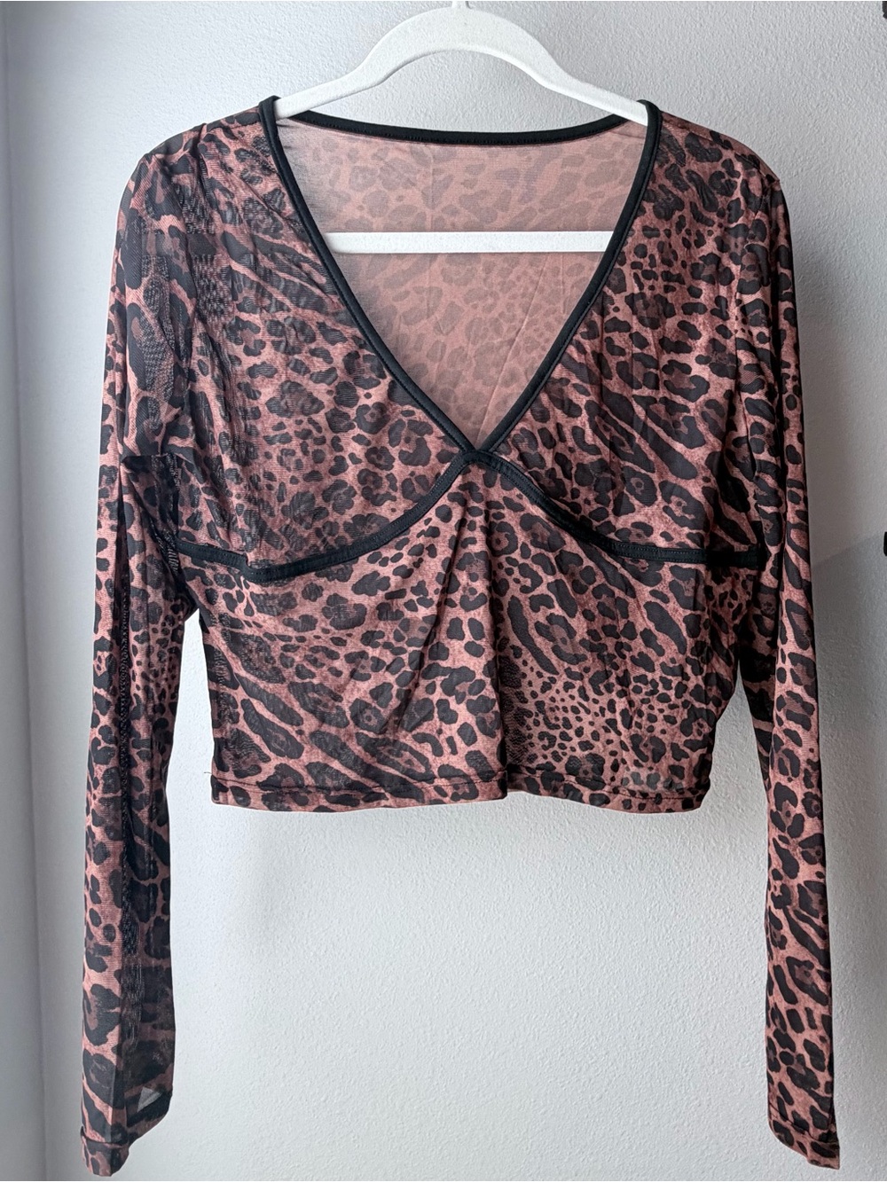 Sheer Leopard Print Cropped Wrap Top - Brown & Black